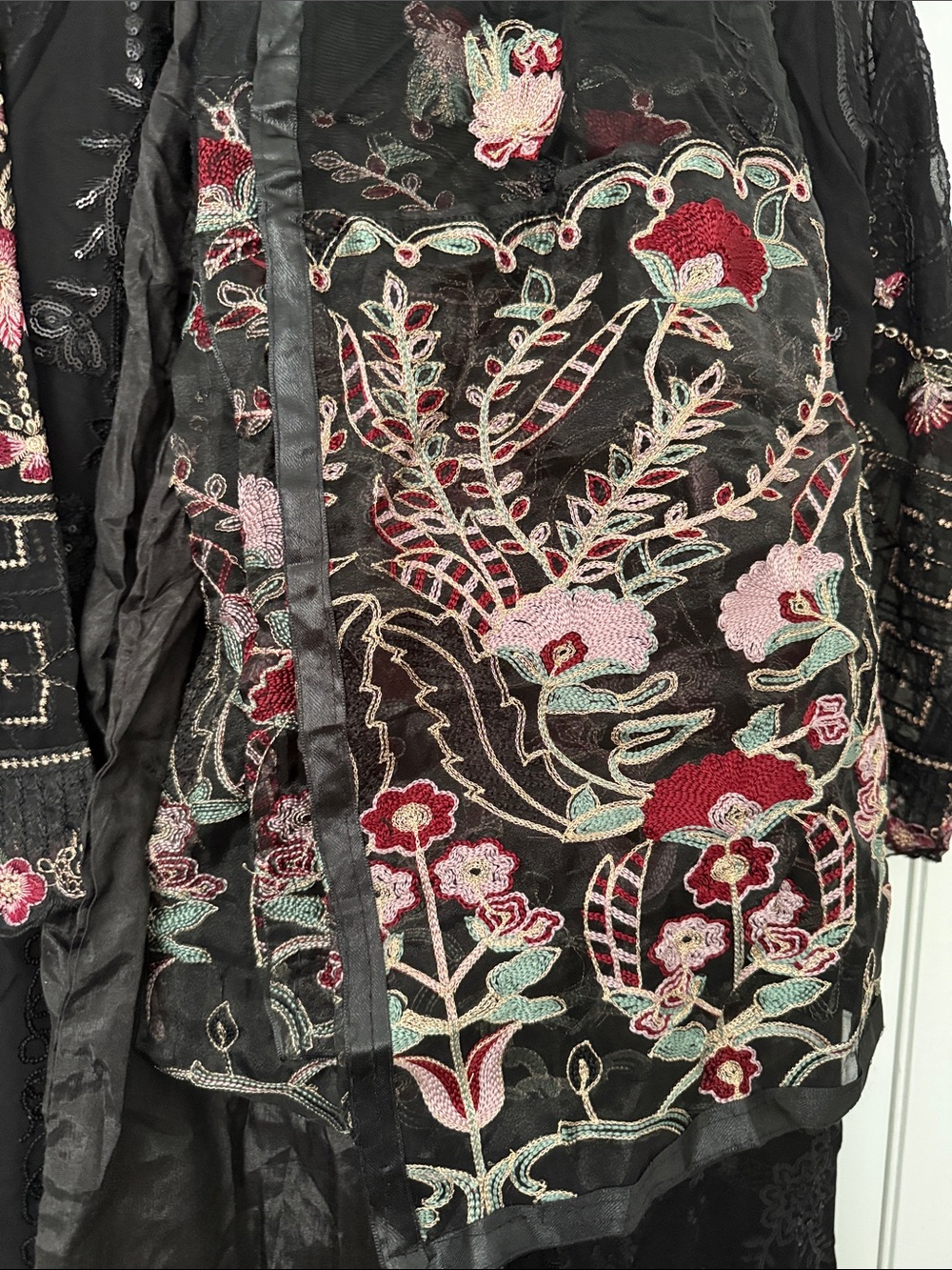 Black Embroidered Floral Indian pant Suit with Pink Accents - Picture 4 of 5
